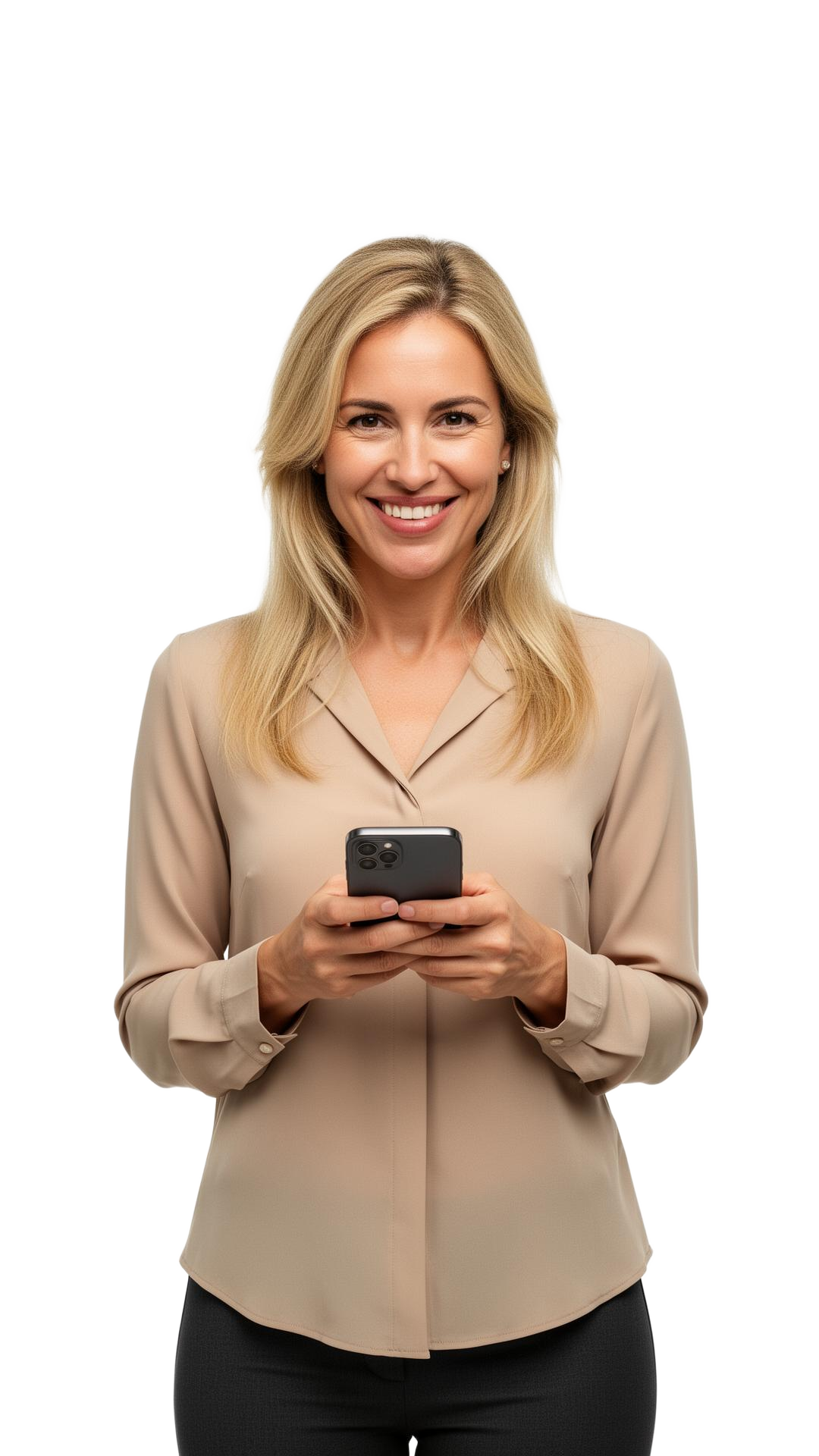 Colaboradora sorrindo enquanto registra o ponto pelo celular